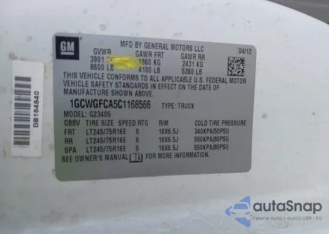 2012 Chevrolet Express 2500 Work Van из США, поврежденный, VIN 1GCWGFCA5C1168566